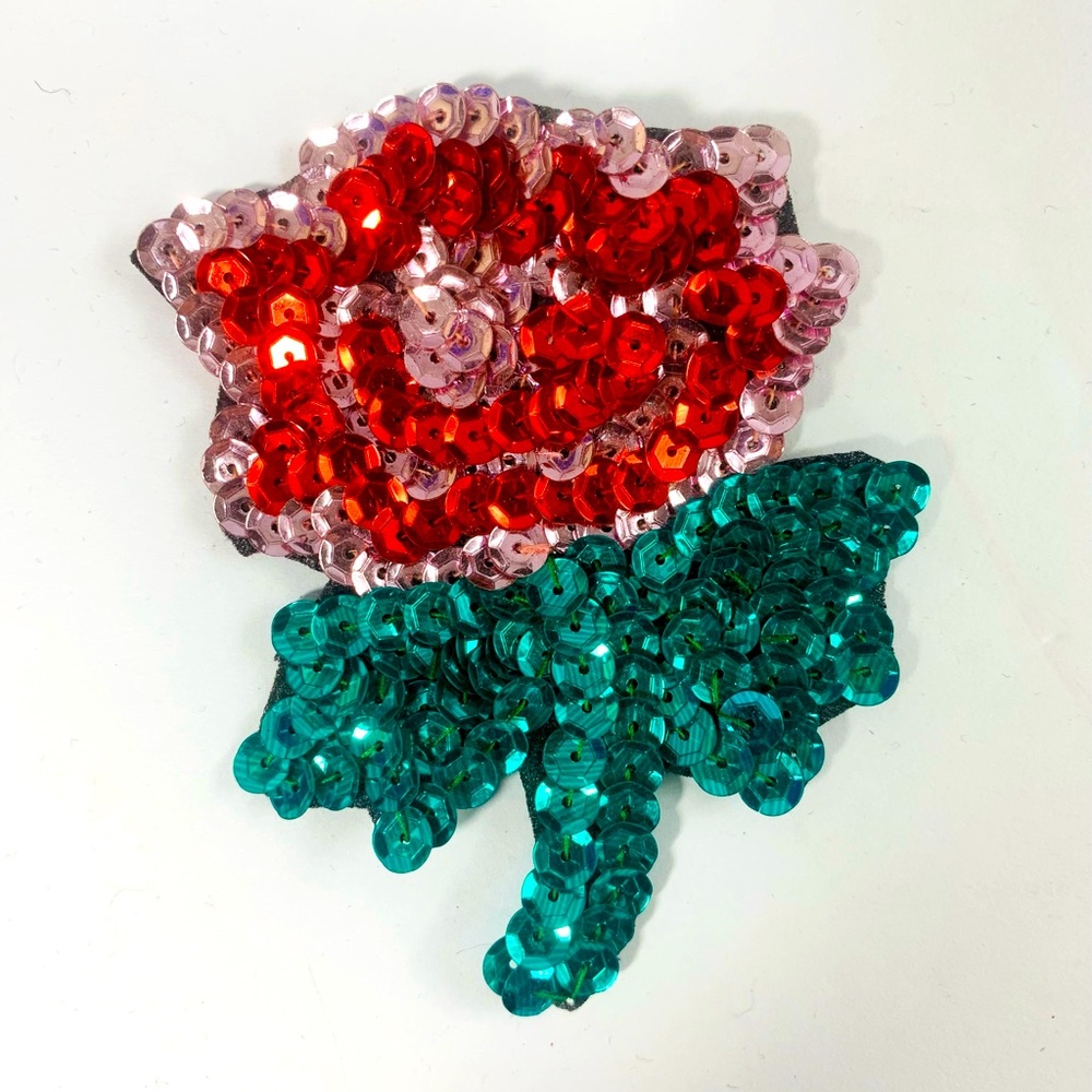 Vintage Sequin Red Green Flower Patch Appliqué